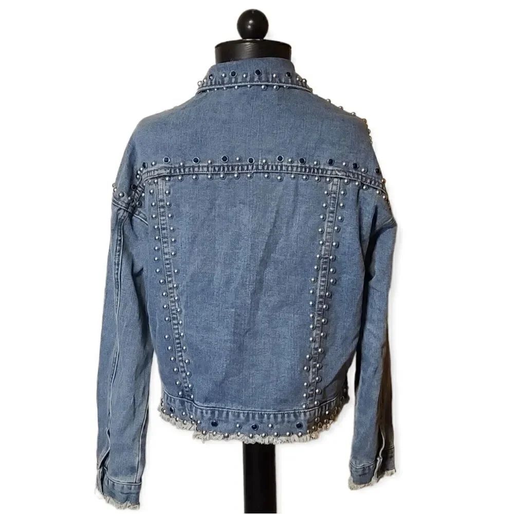 Studded Distresses Cropped Jean Jacket by Pink Lily Small - Picture 4 of 8